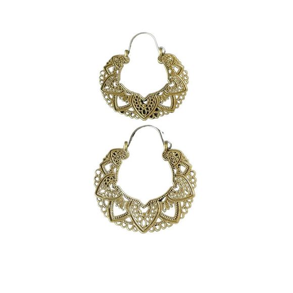 BOHO Earrings CHIC Gold Tone Flower Intricate Metal India Design Medallion 2” - Picture 1 of 2